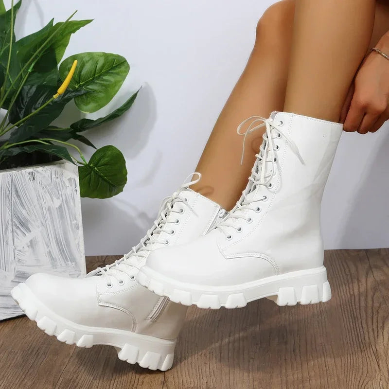 2025 Boots Women  Autumn Winter PU Leather White Ankle Boots Motorcycle Female Chunky Heels Platform Boots