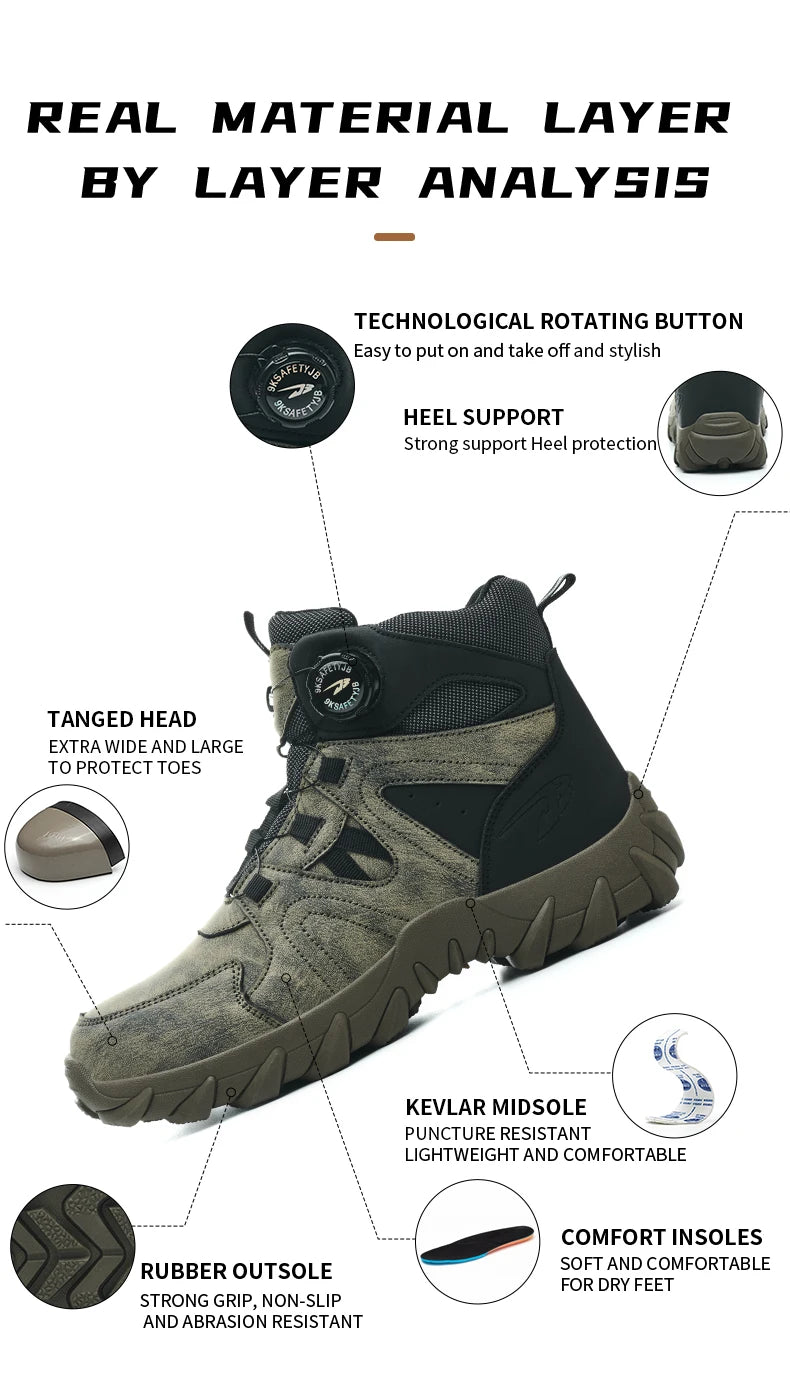 Rotating button Safety Boots Men Outdoor tactical boots Indestructible shoes Puncture-Proof Work Boots Steel toe shoes Sneakers