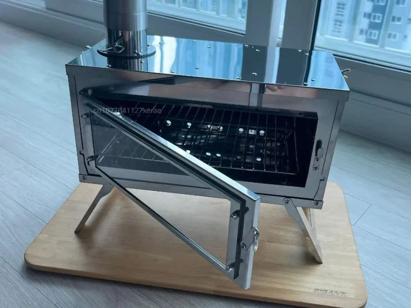 Outdoor tent camping, heat-resistant glass observation stove, portable foldable stainless steel winter heating wood stove