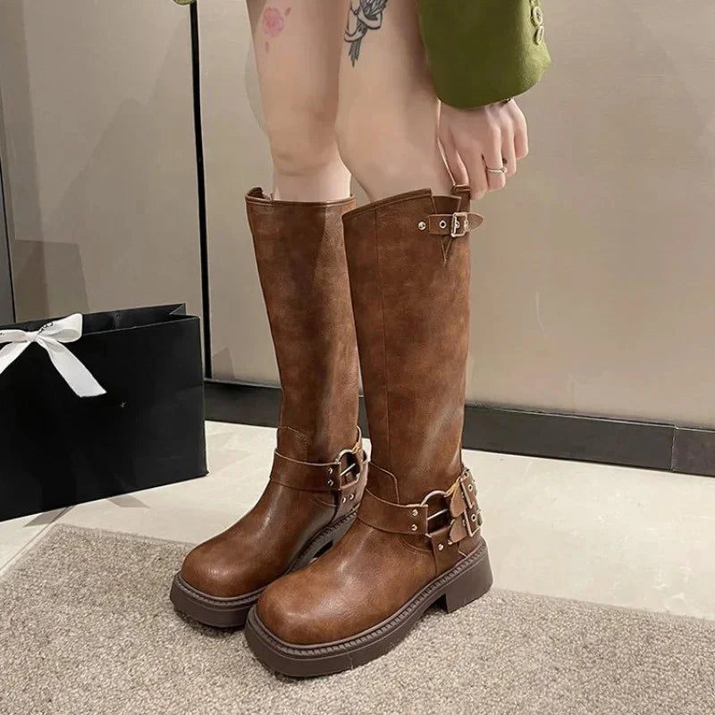 WOMEN'S platform knee-high Knight casual long boots chunky vintage fashion buckle luxury designer Western cowboy woman shoes