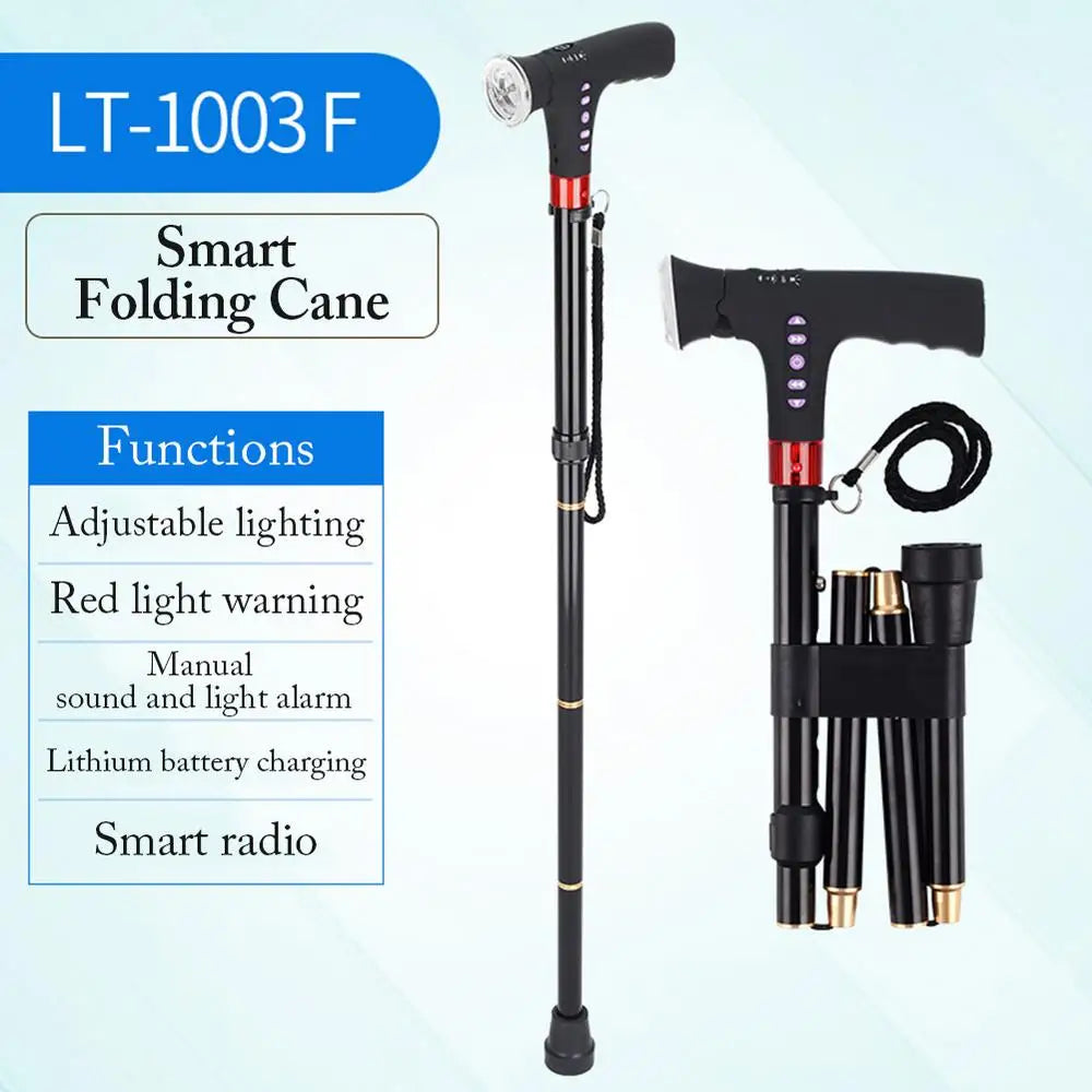 1pcs Telescopic Folding Cane With Alarm LED Walking Trusty Sticks cushionable Elder Crutches Elder Cane for outdoor travel