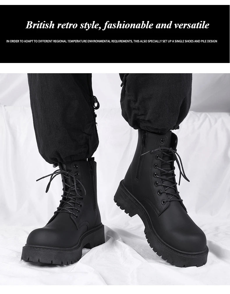 Black Leather Boots for Men High Top Platform Lace Up Light Fashion Motorcycle Boots British Style Men's Waterproof Casual Boots