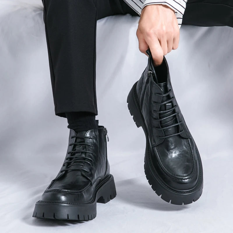 Fashion Men's Genuine Leather Casual Shoes Classic Outdoor Workwear Shoes Men's Motorcycle Boots Handsome Height Increasing