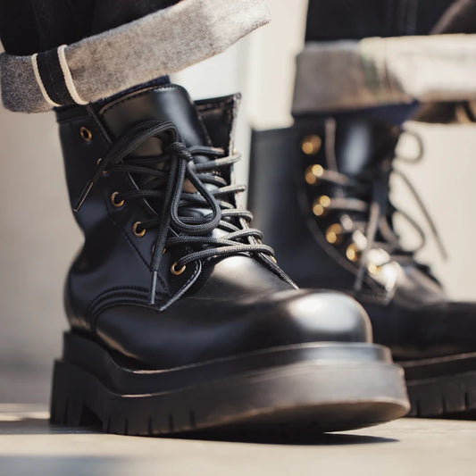 Maden Men's Handmade Cowboy Boots Black Motorcycle Boot British Split Leather TPR Sole Work Safety Boot Mid Outside Shoes