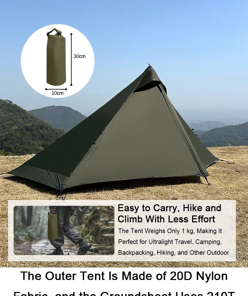 EMER 2 Person 1 Person Outdoor Ultralight Camping Tent 4 Season Professional 20D Silnylon Rodless Tent Hiking Portable Tent