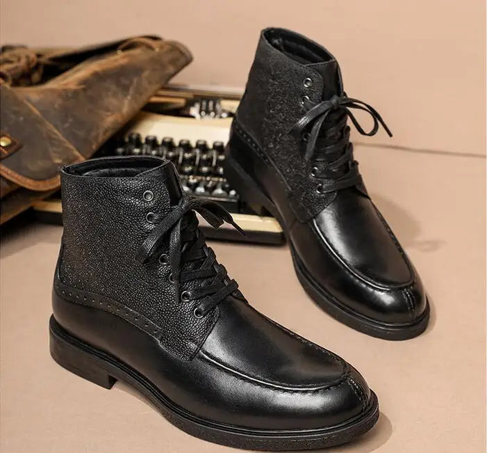 A028 Men's Boots Cow Genuine Leather Lace Up Man Shoes High Calf Male Footwear British New Winter Boots Motorbike Shoes Vintage