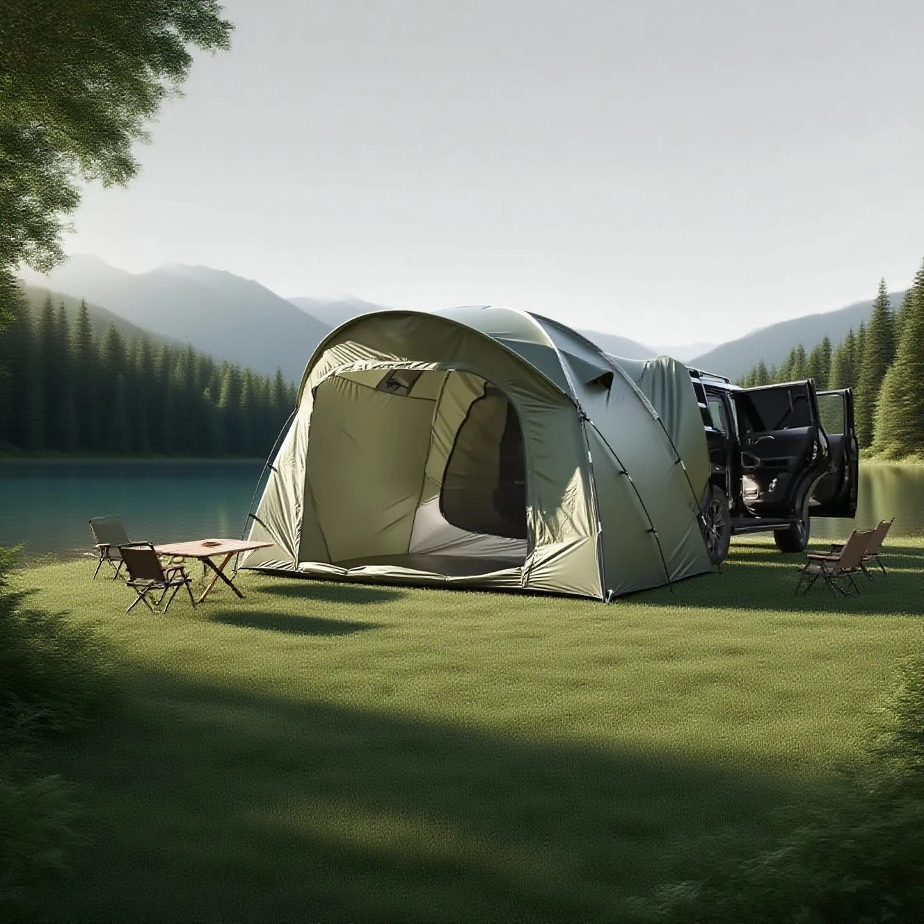 3-4 Person SUV Camping Tent PU4000 Waterproof with Mesh Bug Door, Cross-Ventilated Quick-Pitch Design, Built-In Floor
