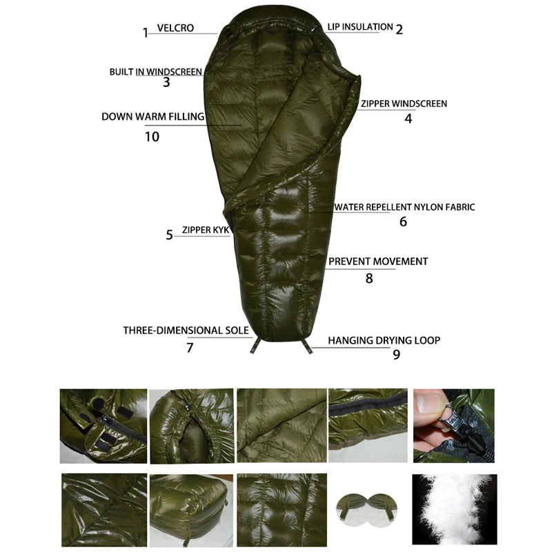 Mummy Checkered Sleeping Bag Very Warm White Goose Down Filling Suitable for Adults Winter Warm Camping Travel Hiking