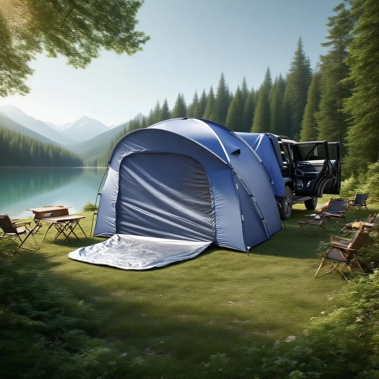 3-4 Person SUV Camping Tent PU4000 Waterproof with Mesh Bug Door, Cross-Ventilated Quick-Pitch Design, Built-In Floor