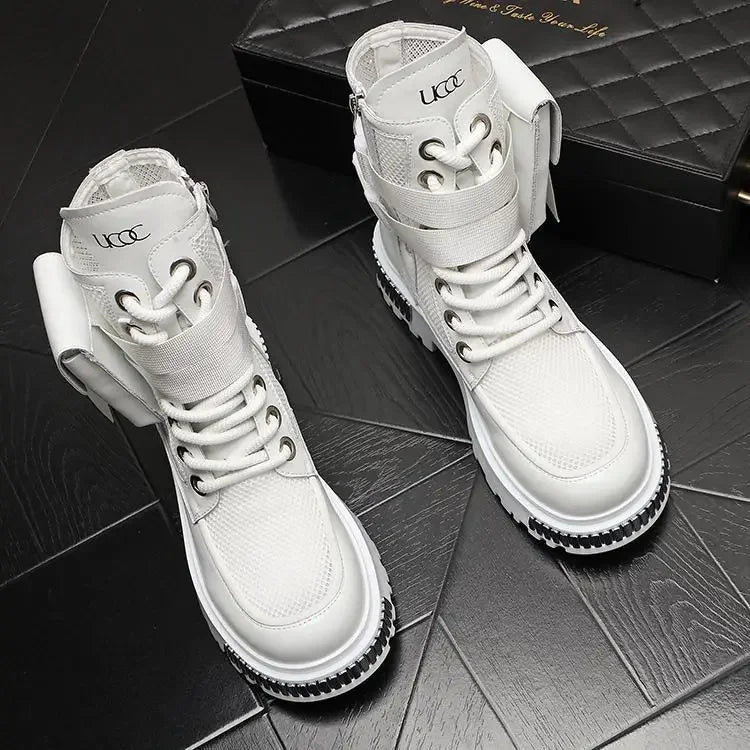 2025 New Men's Thin High-Top New Mid-Calf Motorcycle Height Increasing Insole Summer Ankle Boots Hollow out