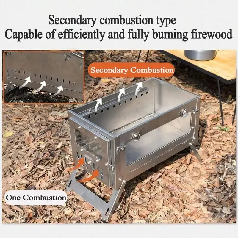 Stainless Steel Portable Tent Stove Foldable with Side Glass Chimney Burner Camping Wood Stove Heating Cooking Grill