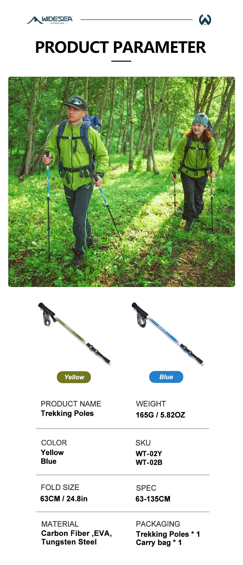 Widesea Trekking Poles 3section Telescopic Pole Carbon Installed Lock For Anti-slip Adjustment Portable Outdoor Walking Sticks
