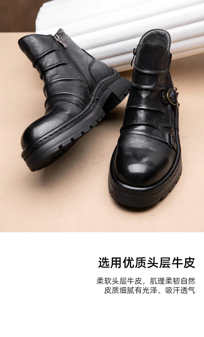 Brown Leather Motorcycle Boots Mens Round Head High Top Motorbike Boots Quality Moto Riding Shoes Thick Soled Summer Winter