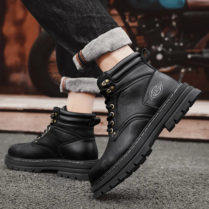 Autumn Winter Motorcycle Boots Handmade Vintage Mens Walking Shoes Casual Leather Ankle Boots Round Toe Lace-up Outdoor Footwear