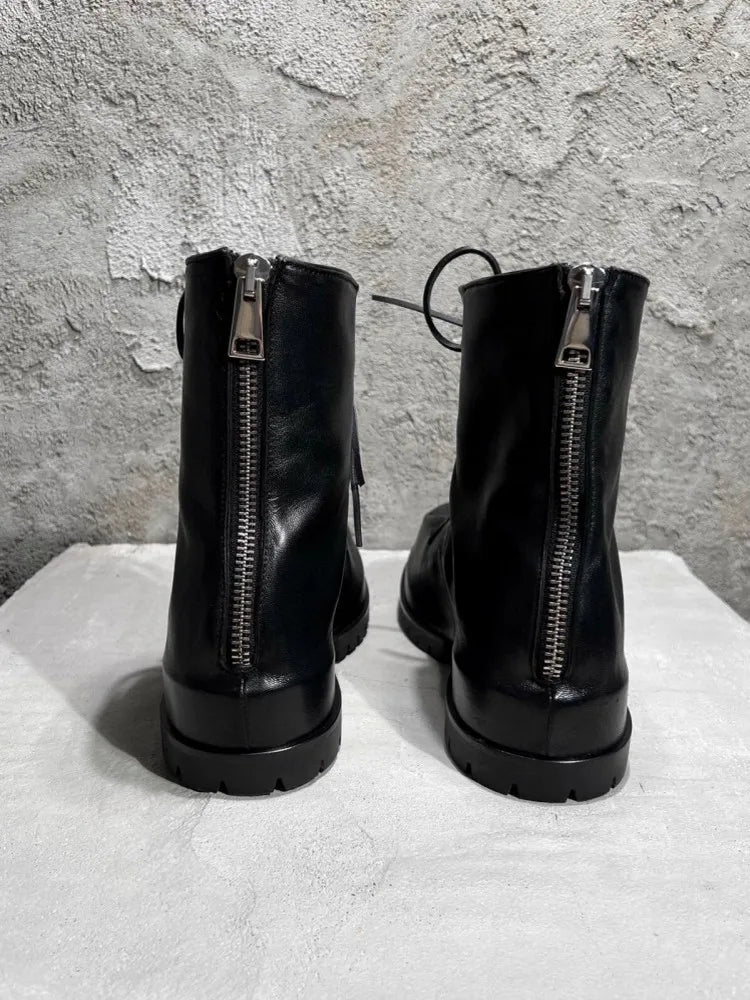 Gothic Designer Men High Top Sheepskin Genuine Leather Ankle Boots Lace Up Thick Platform Runway Shoes Vintage Work Safety Boots