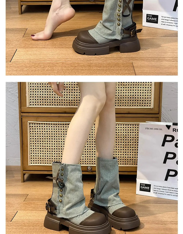 Fall Student Fashion Ankle Boots New Canvas Cowboy Shoes Women's Outdoor Platform Boots Luxury Designer Brand Motorcycle Boots