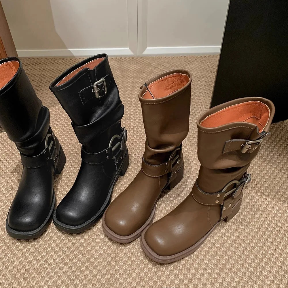 Fashion Buckle Motorcycle Boots Women Round Toe Med Heels Ankle Boots Woman 2024 Pu Leather Square Heel Autumn Platform Shoes