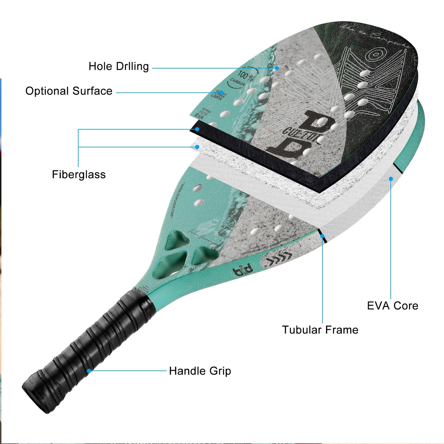 INSUM Beach Tennis Racket Carbon Fiber Surface with Sand Grit Print, Lightweight EVA Soft Racquet for For Men Women