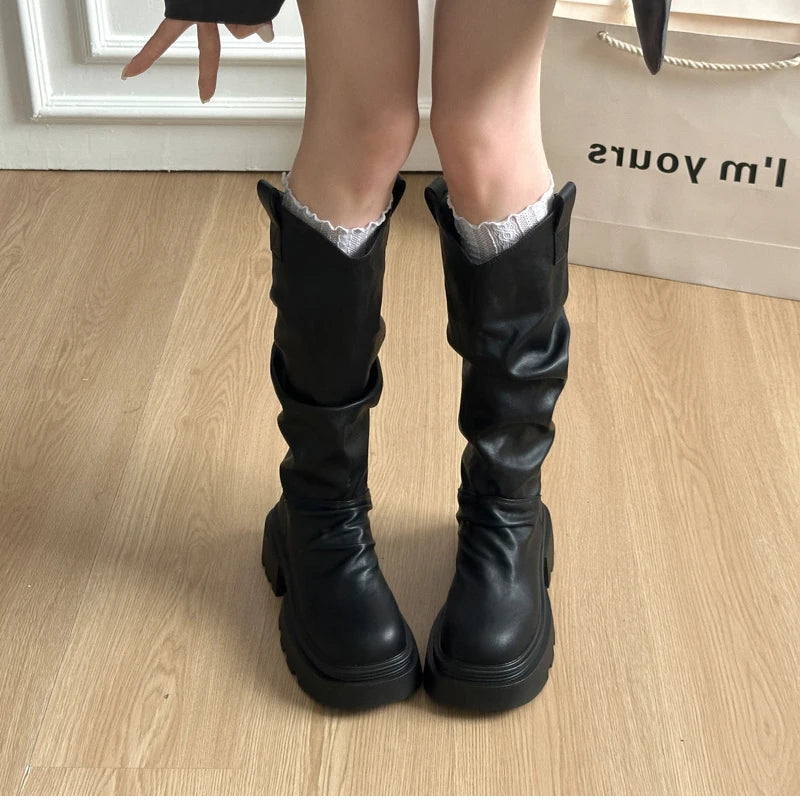 Size 35-42 Big Round Toe Punk Block Heel Motorcycle Boots Platform Lace-Up Mid Calf Work Boots Cool Fashion Boot
