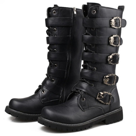Men's Leather Motorcycle Boots Mid-calf Boots Gothic Belt Rock Punk Shoes Outdoor Black Casual Boot Winter Large Size Men Boots