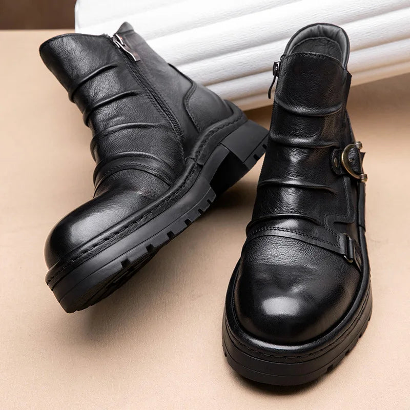 Brown Leather Motorcycle Boots Mens Round Head High Top Motorbike Boots Quality Moto Riding Shoes Thick Soled Summer Winter