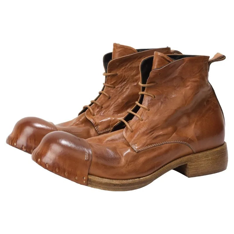 Retro Horsehide Genuine Leather Mens Boots Handmade Lace Up High Top Work Cargo Shoes High Quality Motorcycle Short Boots Male