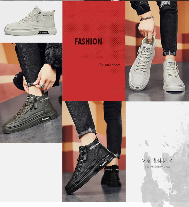 Leather Boots for Men Zipper Man Sneakers Fashion Ankle Boots High Top Man Boots Solid Sports Shoes 2024 Trend Motorcycle Boot