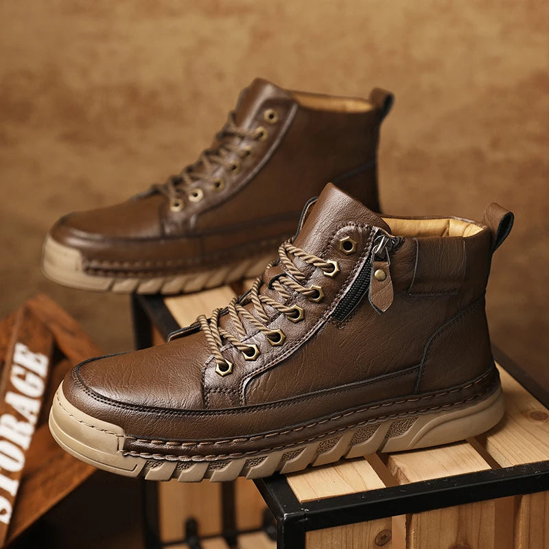 Men's High Top Leather Ankle Boots Comfortable Motorcycle Boots Non Slip Walking Training Shoes Botas Outdoor Treking Footwear