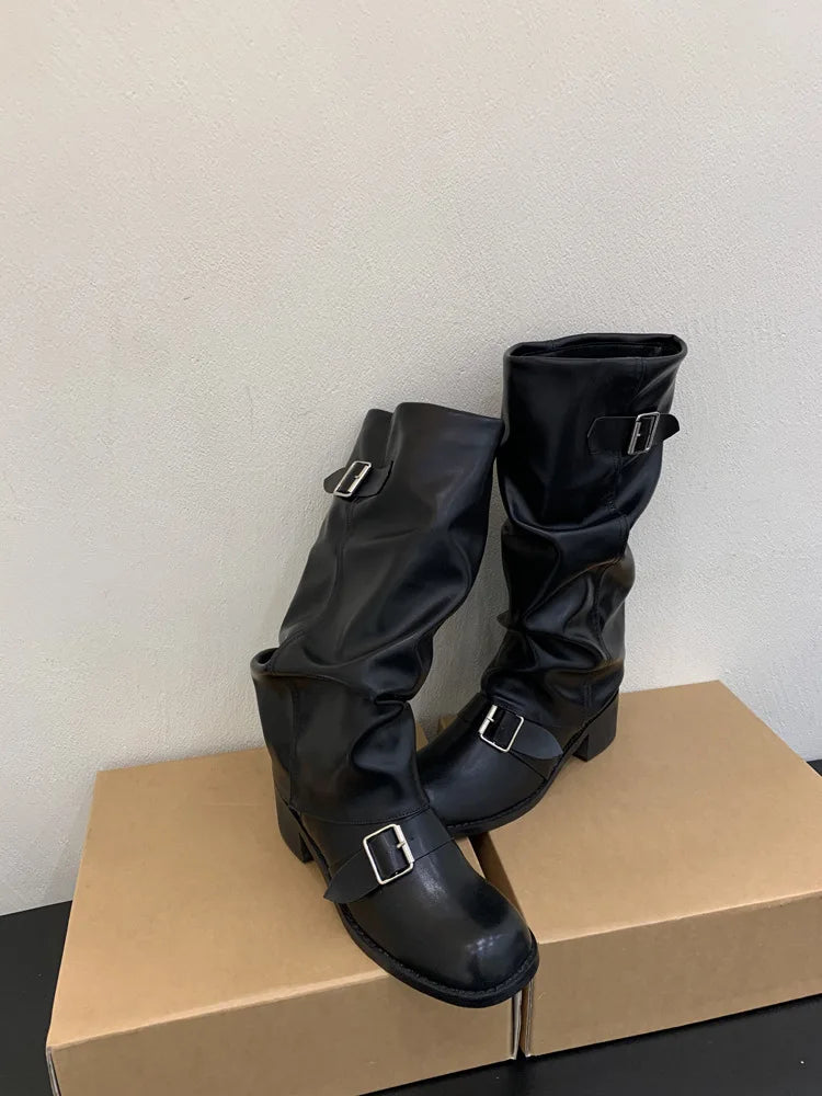 Woman Boots Knee High Platform Heels Trend Punk Gothic New Rock Leather Fashion Women Shoes Motorcycle Footwear Zapatos De Mujer