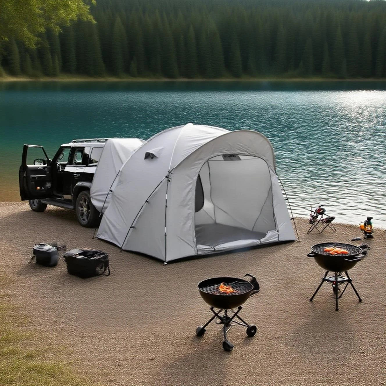 3-4 Person SUV Camping Tent PU4000 Waterproof with Mesh Bug Door, Cross-Ventilated Quick-Pitch Design, Built-In Floor