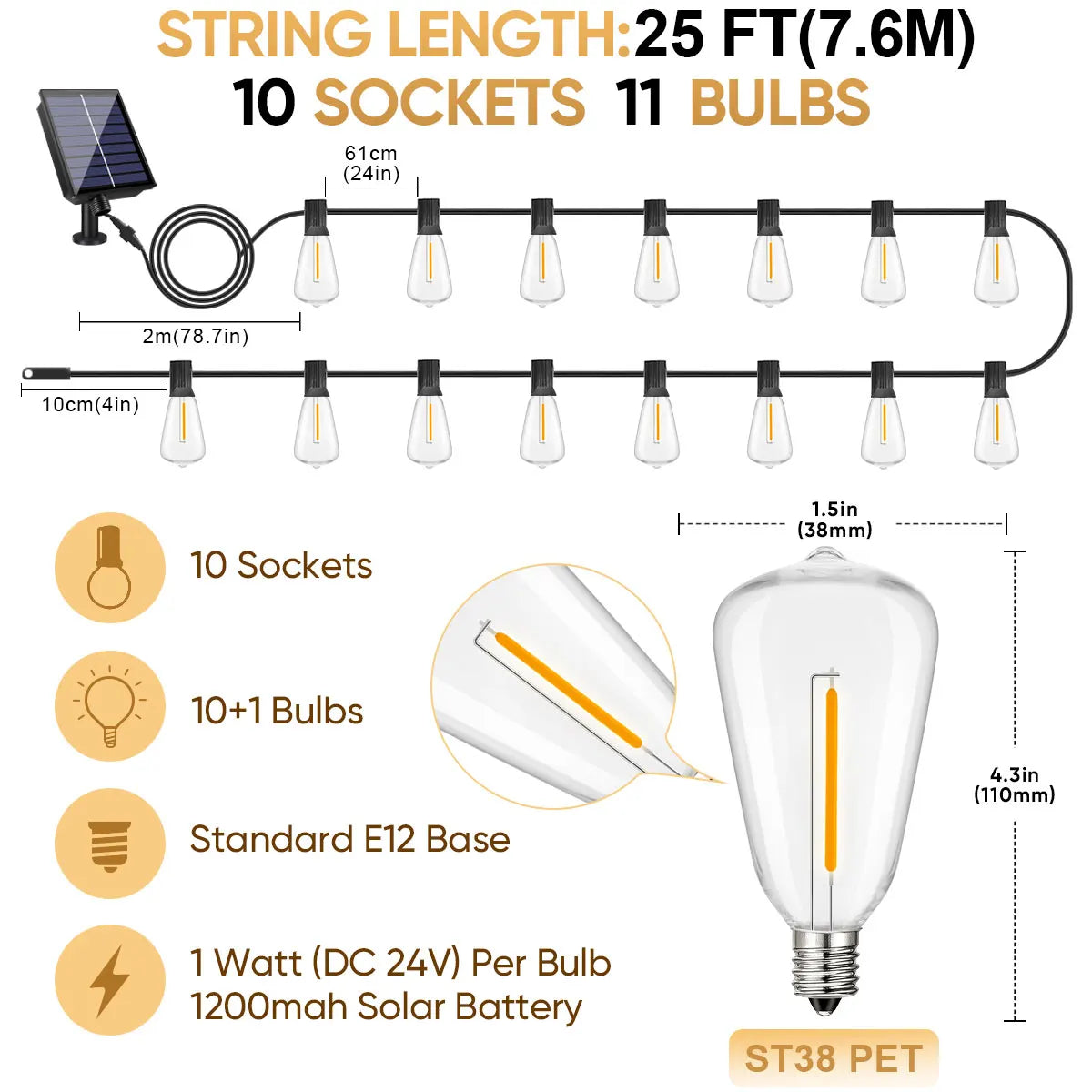 ST38 Solar String Light Outdoor Garland Led Waterproof  Shatterproof Solar String Lights for Outside Camping Yard Party Decor