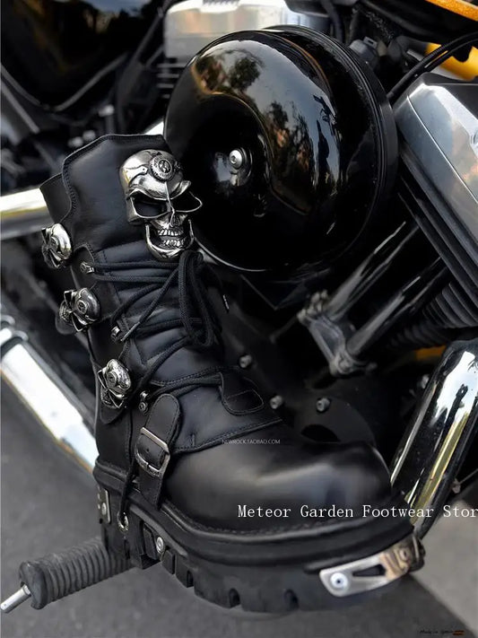 Unisex Handmade Custom Skull High Boots Metal Decorated Motorcycle Punk Thick-Soled Couple Shoes New for Men and Women