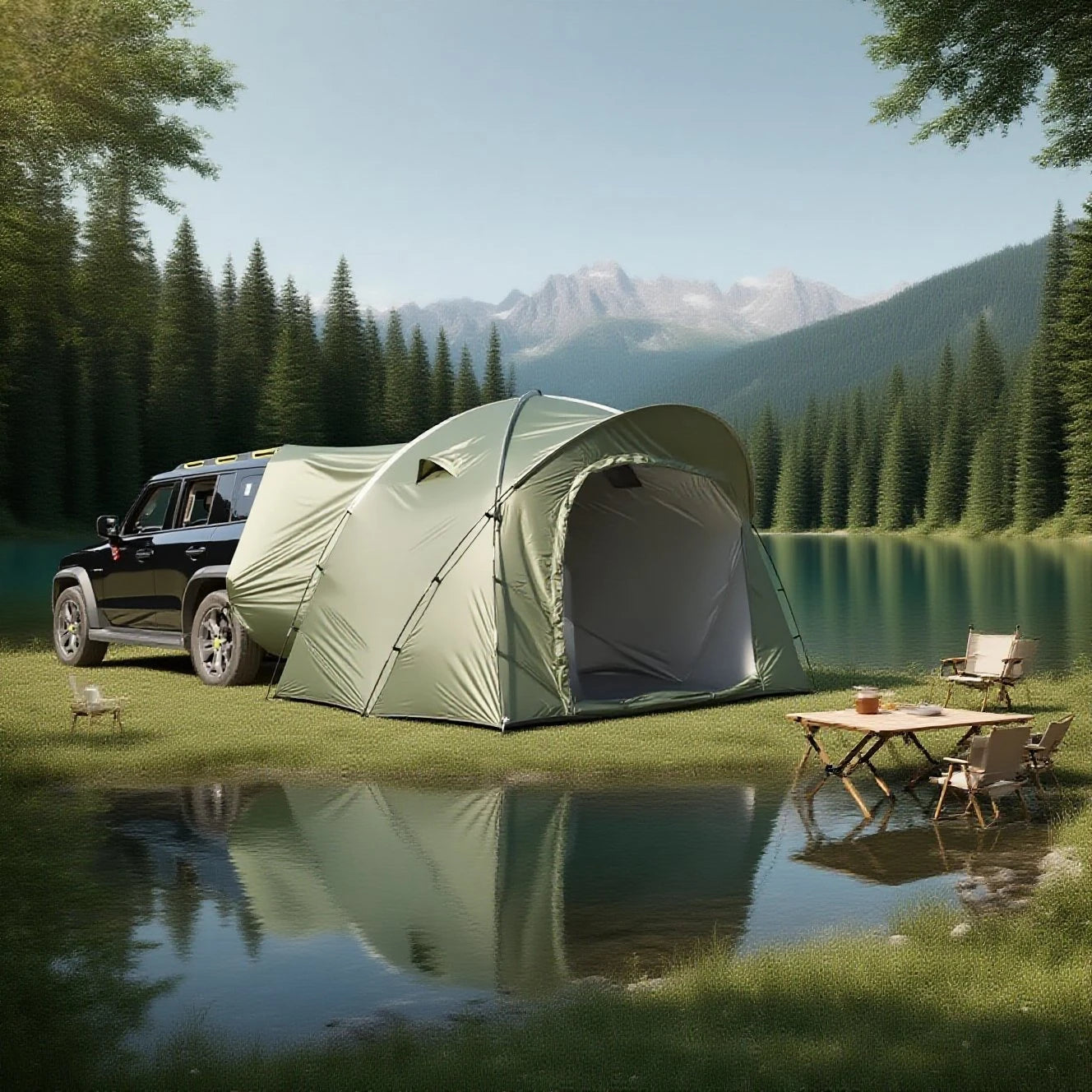 3-4 Person SUV Camping Tent PU4000 Waterproof with Mesh Bug Door, Cross-Ventilated Quick-Pitch Design, Built-In Floor