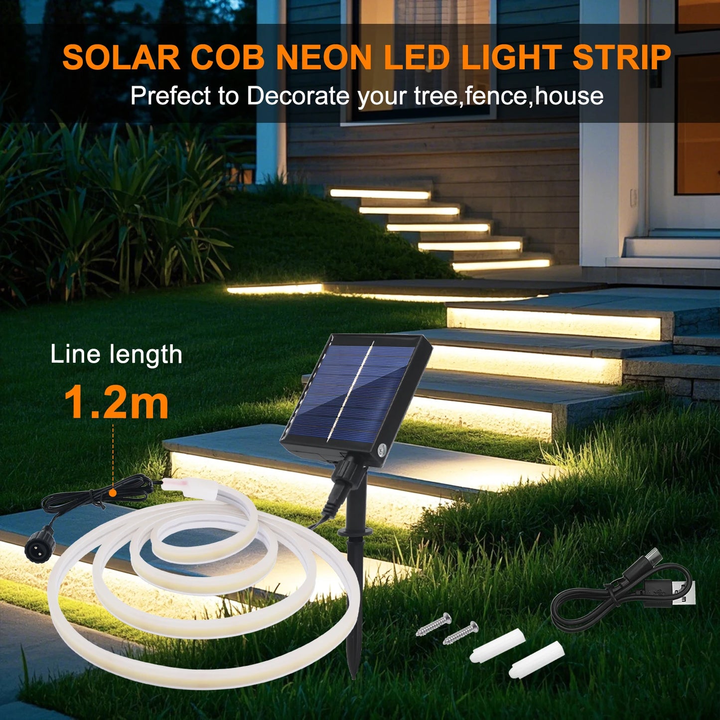 24V Solar Powered COB LED Strip Light Double Side Glow 320 LEDs/m Waterproof Flexible Neon Tape Indoor Outdoor Linear Lighting