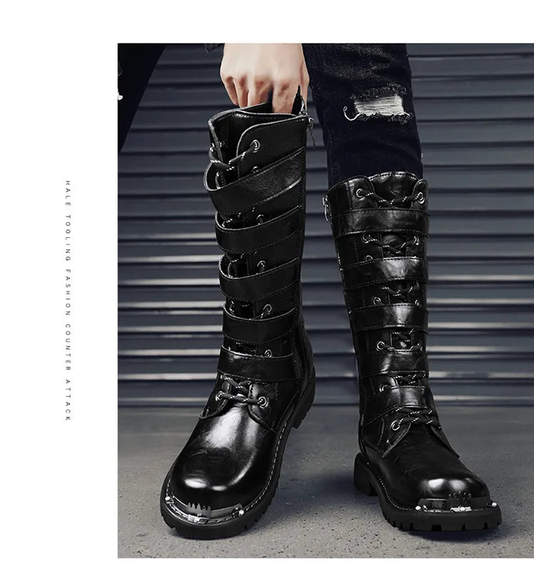 2025 High Leather Boots Men Black Boots Gothic Punk Motorcycle Boots Men Big Size 46 Comfy Platform Boots for Men Tooling Boots