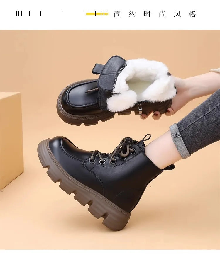 Women's Boots Winter New Fur Snow Boots Platform Plush Comfortable Anti Slip Warm Lace Up Cold Proof Cotton Ankle Boots Women