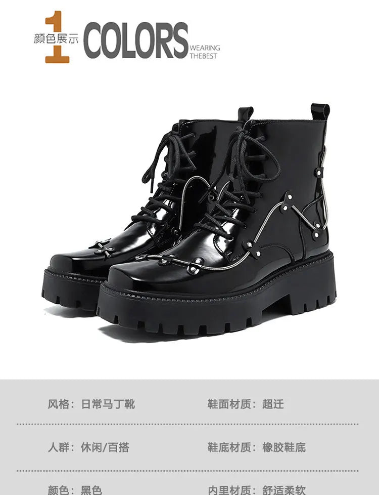 2025 Niche British Style Platform Derby Shoes Square Head Bright Leather Men's Business Casual Retro Boots