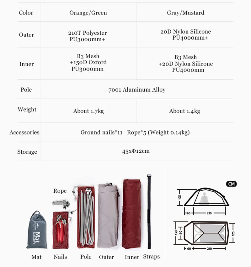 Naturehike Outdoor Upgrade Cloud Up 2 3 Person Tent 20D Nylon Silicone Double Layer Aluminum Pole Ultralight Camping Hiking Tent