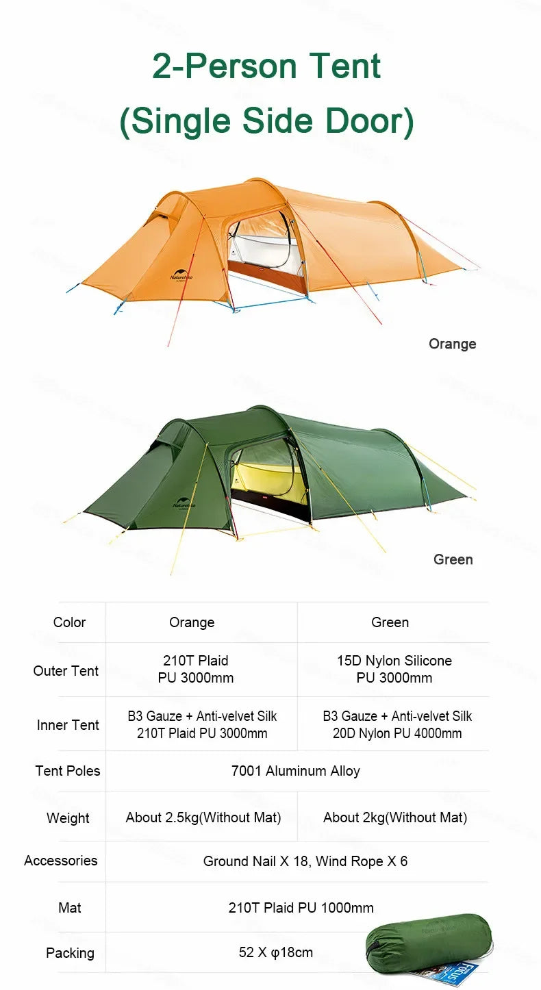 Naturehike-Ultralight Opalus Tunnel Double Tent, Outdoor Camping, Hiking, 2, 3, 4 Persons