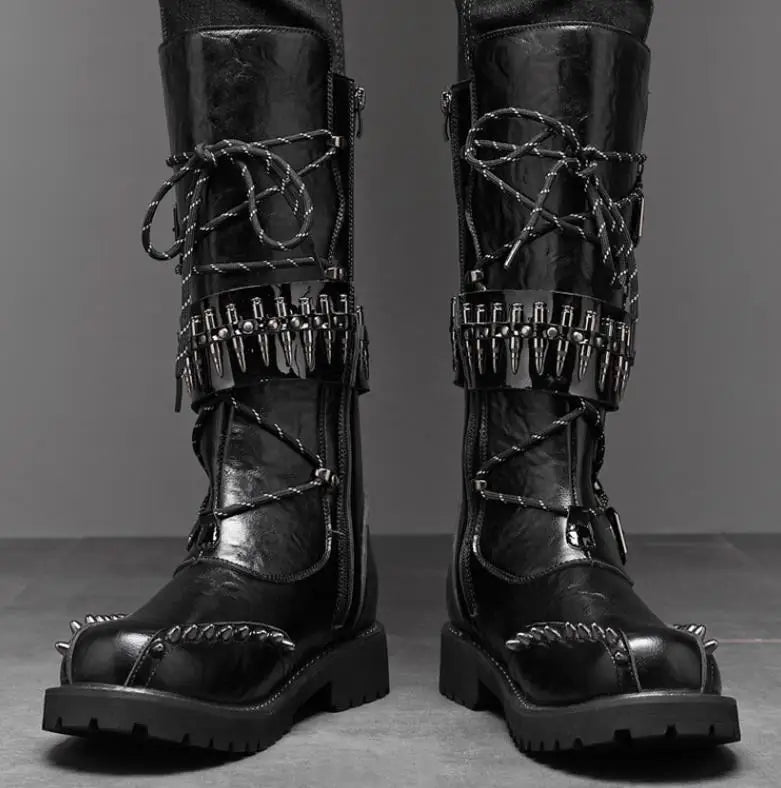 Round Toe Metal Decorations Belt Buckle men Boots Thick Sole Flats Black Zipper Fashion Punk Gothic  Equestrian Motocycle Boots