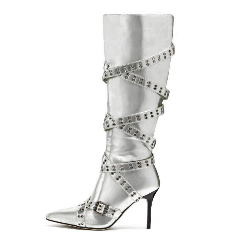 Brand Cross Strap Riveted Retro Silvery Knee High Boots New Spicy Girl Pointed High Heel Motorcycle Boots Fashion Women Shoes