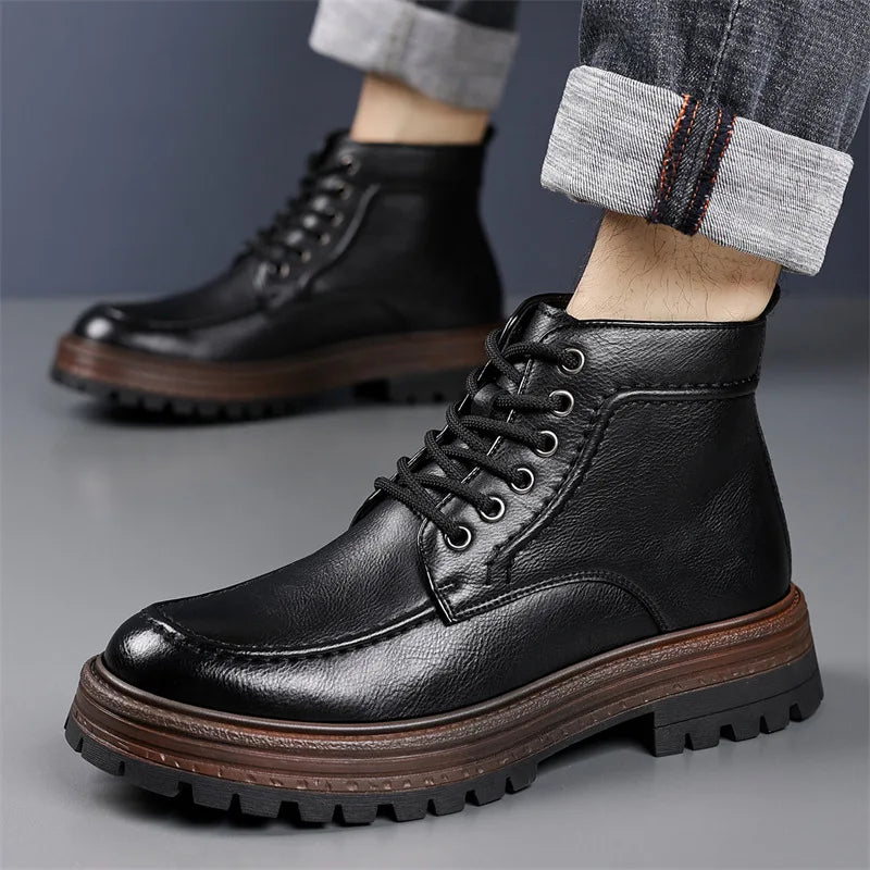 2025 Autumn Winter New Platform Boots for Men Keep Warm Fashion Casual Ankle Boot Male Solid Color Outdoor Cow Leather Shoes Man