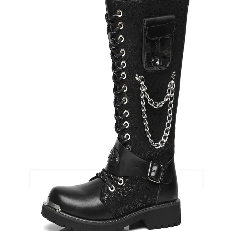 Men Motorcycle Boots Mid-calf Breathable Combat Boots Gothic Belt Punk Boots Men Shoes Hightop Casual  Metal toe boots 38-46