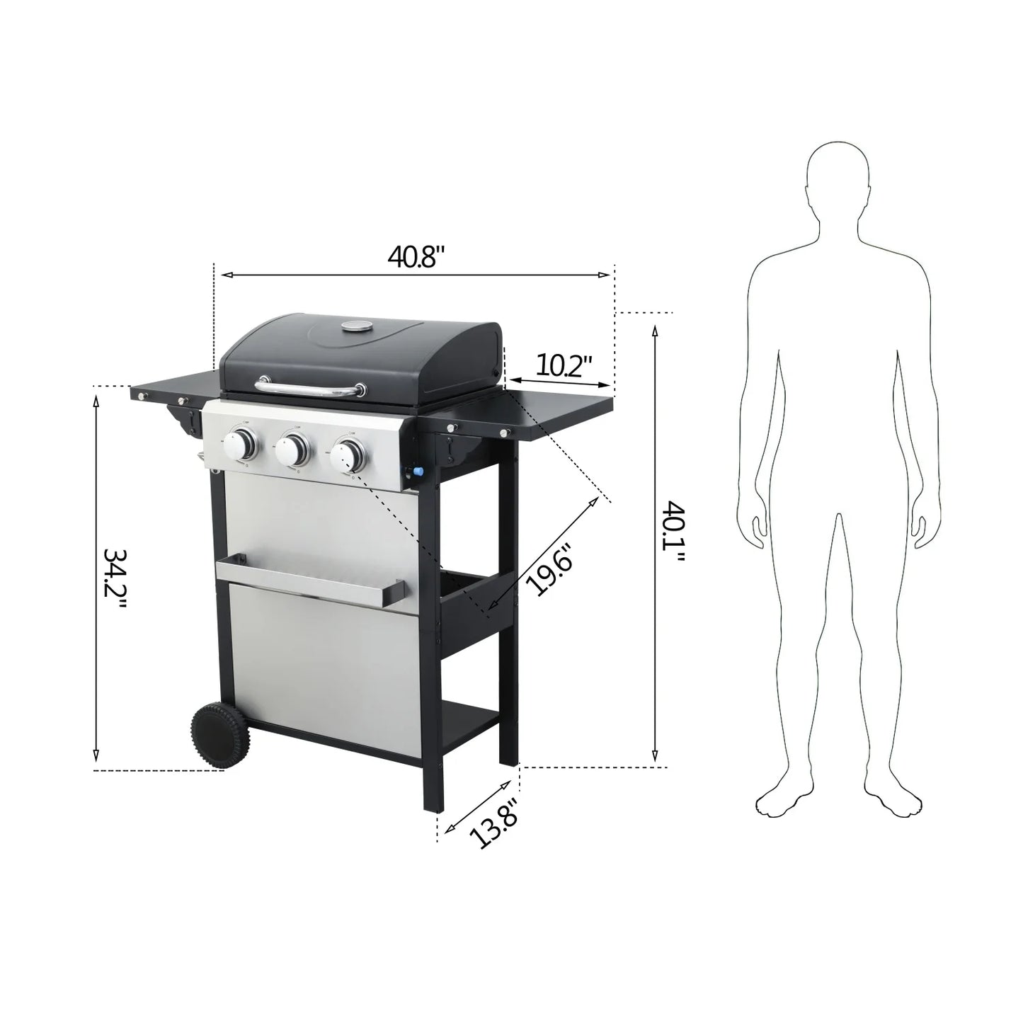 3-Burner Propane Gas BBQ Grill, 25650BTU Output With Wire Enamel Cooking Grids For Outdoor Barbecue, Foldable Side Table, Stainl