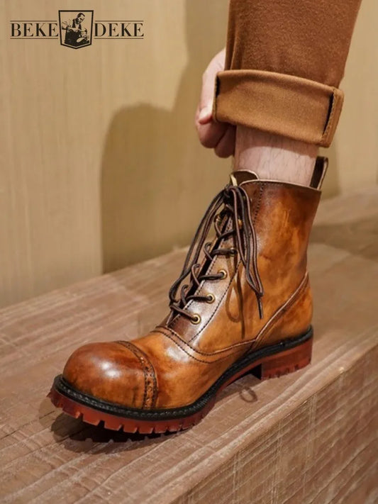 Vintage Mens Round Toe Lace Up High Top Work Safety Shoes Cowhide Genuine Leather Ankle Boots British Motorcycle Riding Boots 45