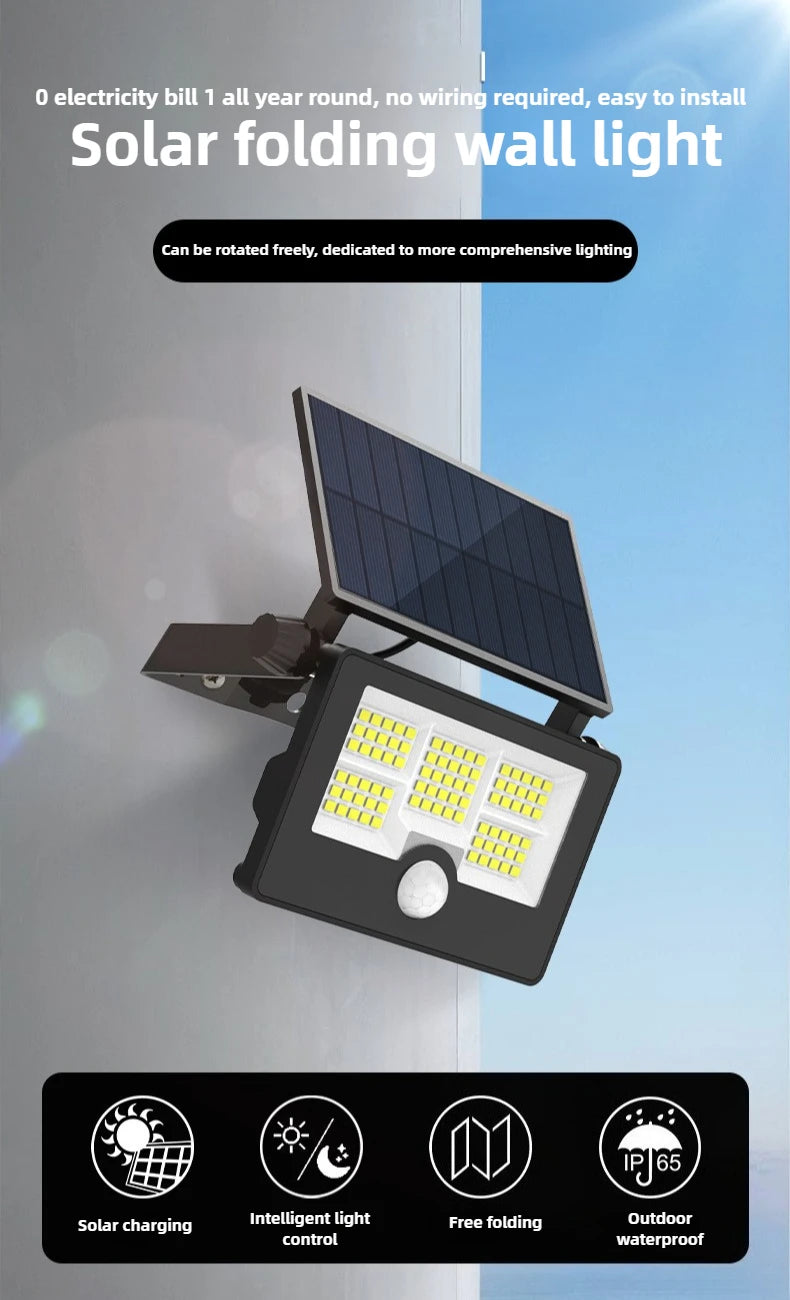 Solar Light Outdoor Foldable Floodlight Waterproof Spotlight Wall Human Body Sensor Lamp for Garden and Courtyard Lighting
