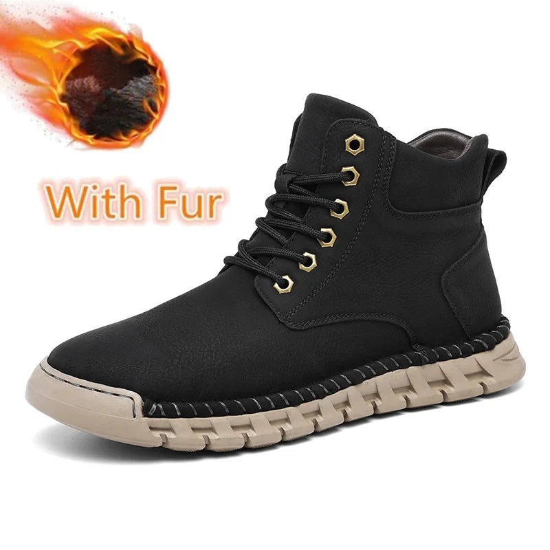 Lace-Up Men's High Top Shoes Classic Winter Men Ankle Boots Version Casual Motorcycle Boots Male Winter Plush Snow Leather Botas