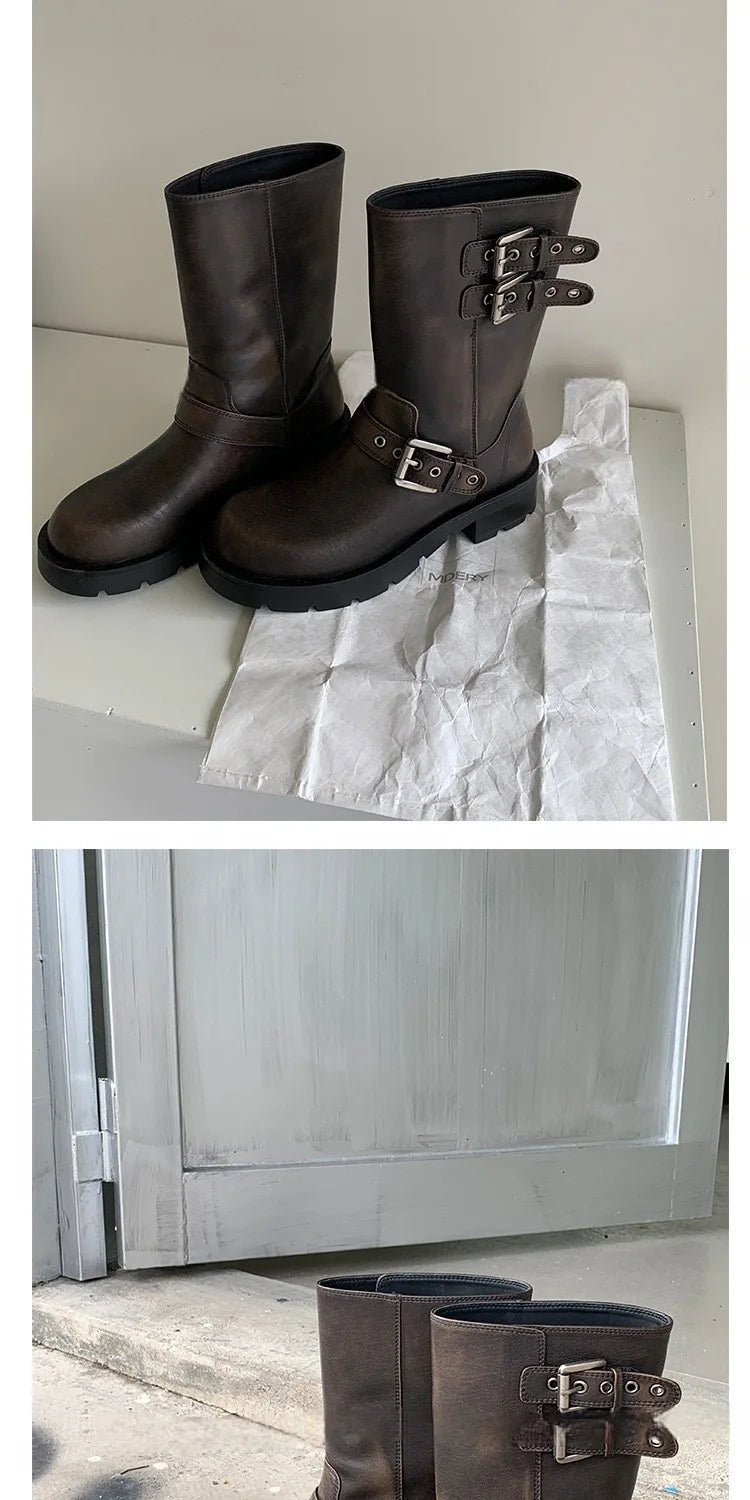 Spring and Autumn Women Boots Retro Platform Boots 2024 Round Toe Solid Color Low Heel Short Buckle Casual Women's Fashion Boots