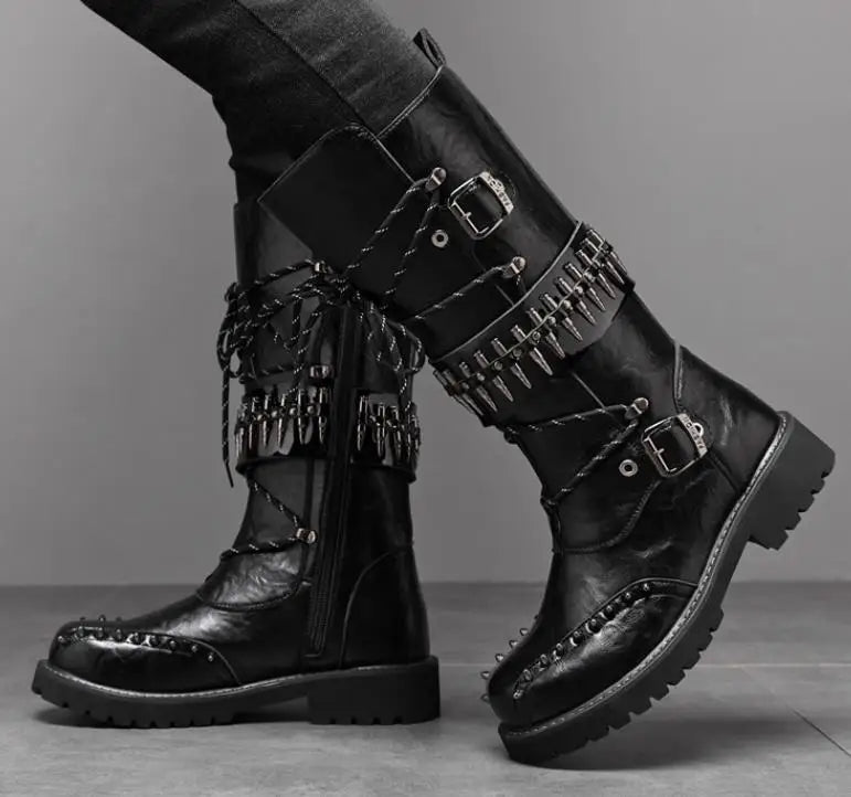 Round Toe Metal Decorations Belt Buckle men Boots Thick Sole Flats Black Zipper Fashion Punk Gothic  Equestrian Motocycle Boots