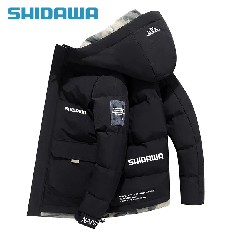 New Men suit Autumn Winter Warm Fishing Clothes Set Casual Thickened Hooded Down Cotton Jacket + Fleece Waterproof Fishing Pants